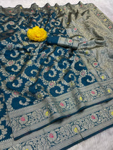 Enigmatic Rama Soft Banarasi Silk Saree With Adorable Blouse Piece