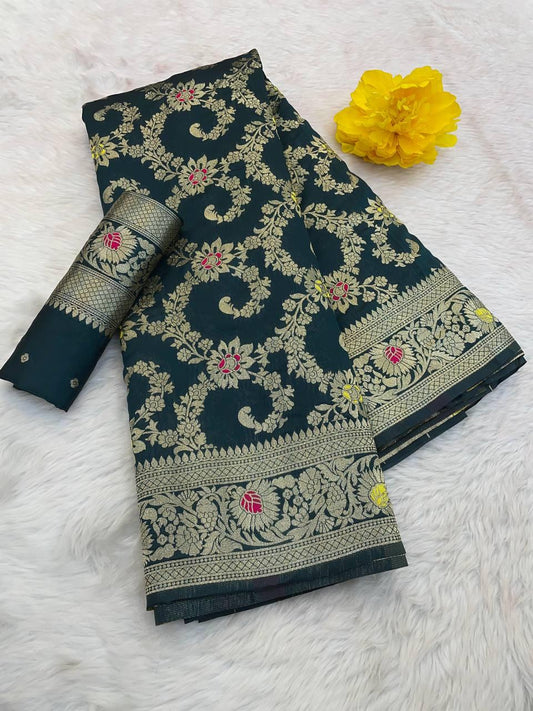 Flameboyant Teal Blue Soft Banarasi Silk Saree With Majestic Blouse Piece