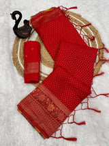 Beautiful Red Soft Banarasi Silk Saree With Snazzy Blouse Piece