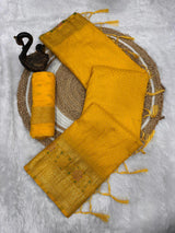 Beautiful Yellow Soft Banarasi Silk Saree With Snazzy Blouse Piece