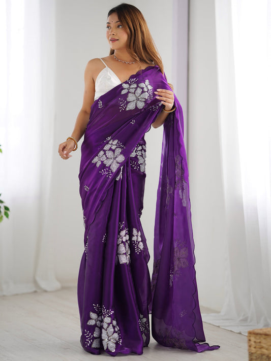 Glowing Purple Sequence Work Jimmy Choo Silk Saree With Fairytale Blouse Piece