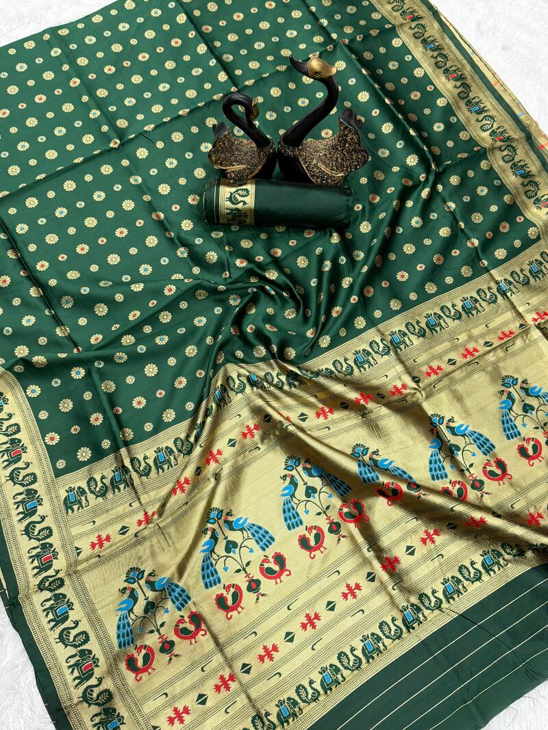 Arresting Dark Green Paithani Silk Saree With Divine Blouse Piece