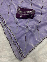 Stylish Lavender Sequence Work Fandy Silk Saree With Elegant Blouse Piece