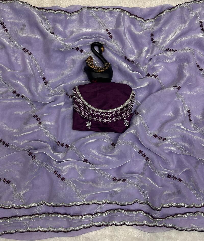 Stylish Lavender Sequence Work Fandy Silk Saree With Elegant Blouse Piece