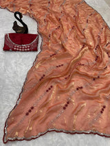 Embrocation Orange Sequence Work Fandy Silk Saree With Gratifying Blouse Piece