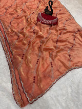 Embrocation Orange Sequence Work Fandy Silk Saree With Gratifying Blouse Piece