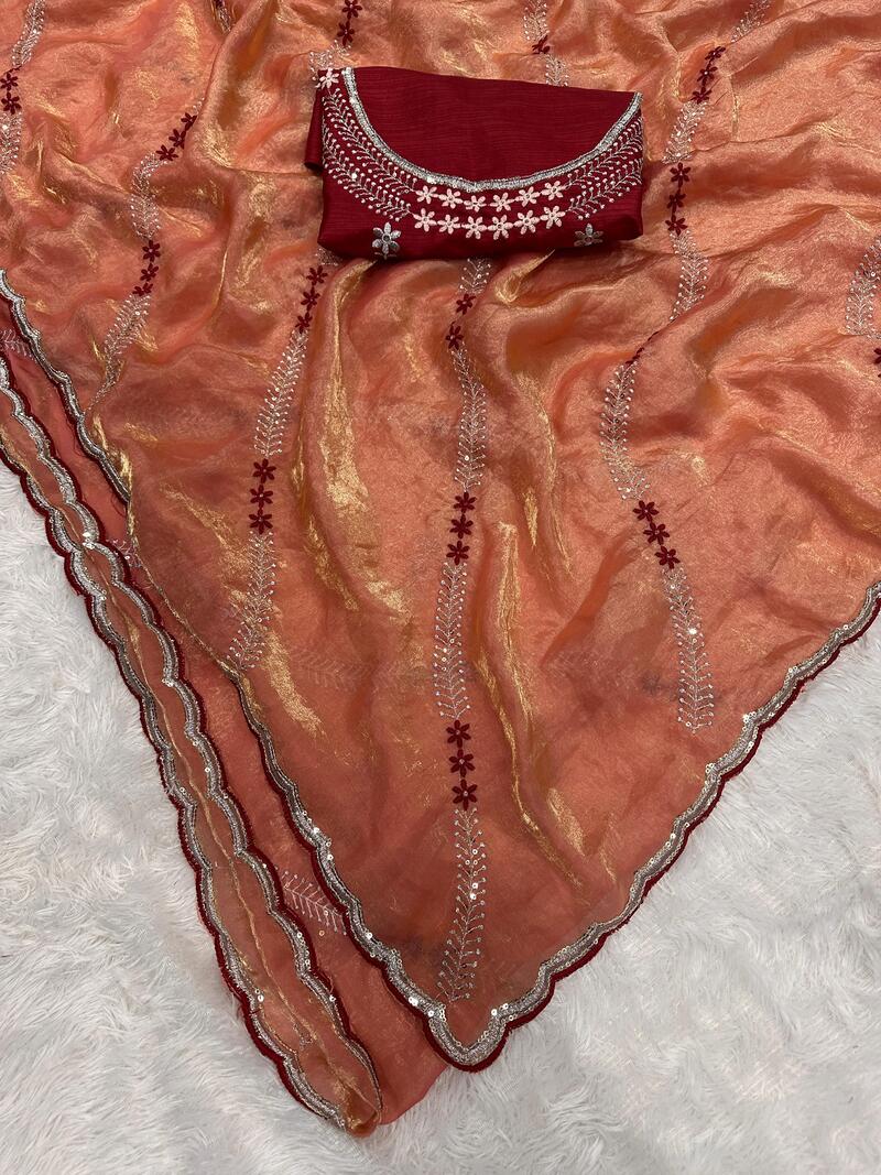 Embrocation Orange Sequence Work Fandy Silk Saree With Gratifying Blouse Piece