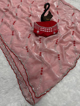 Seraglio Peach Sequence Work Fandy Silk Saree With Proficient Blouse Piece