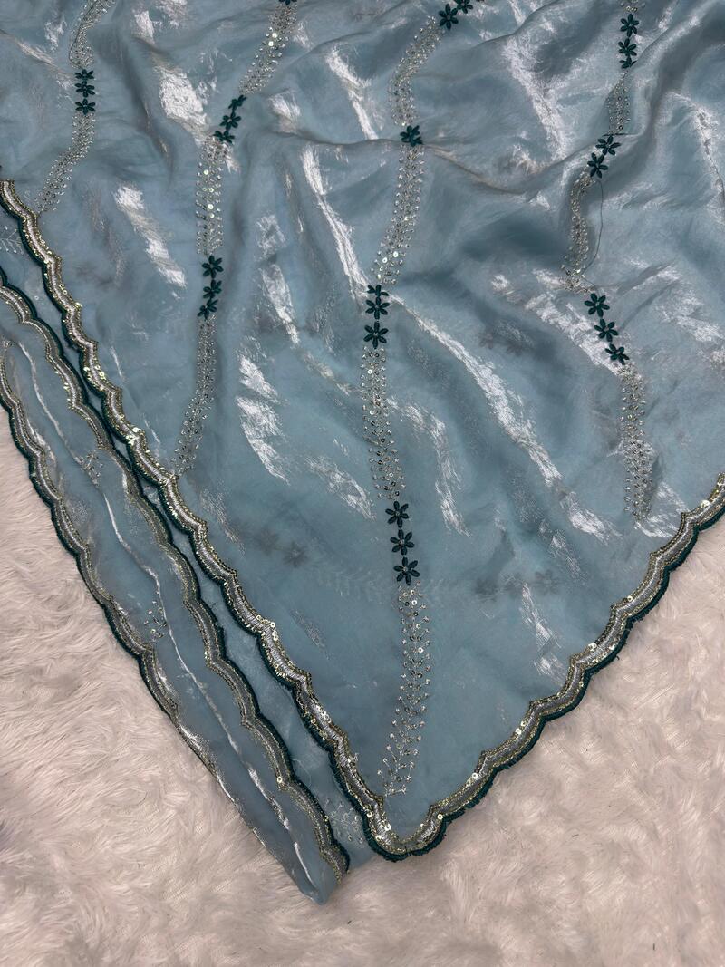 Ravishing Sky Sequence Work Fandy Silk Saree With Gorgeous Blouse Piece