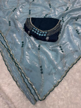 Ravishing Sky Sequence Work Fandy Silk Saree With Gorgeous Blouse Piece