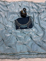 Ravishing Sky Sequence Work Fandy Silk Saree With Gorgeous Blouse Piece