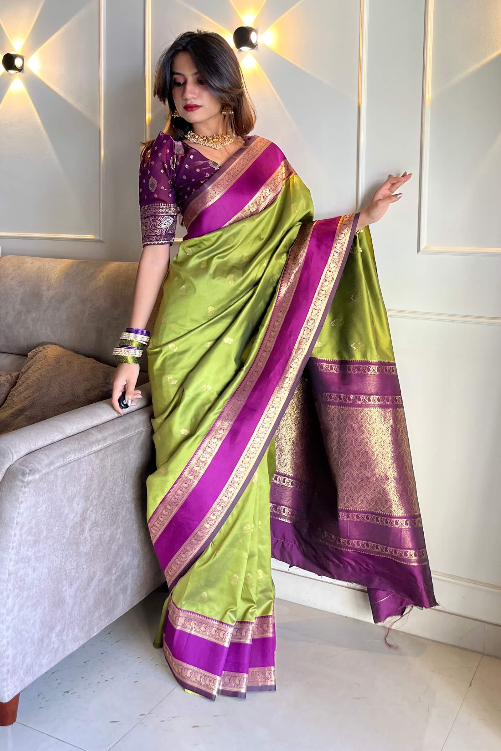 Quixotic Mehndi Soft Banarasi Kathpadar Silk Saree With Seraphic Blouse Piece