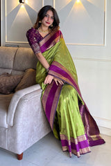 Quixotic Mehndi Soft Banarasi Kathpadar Silk Saree With Seraphic Blouse Piece