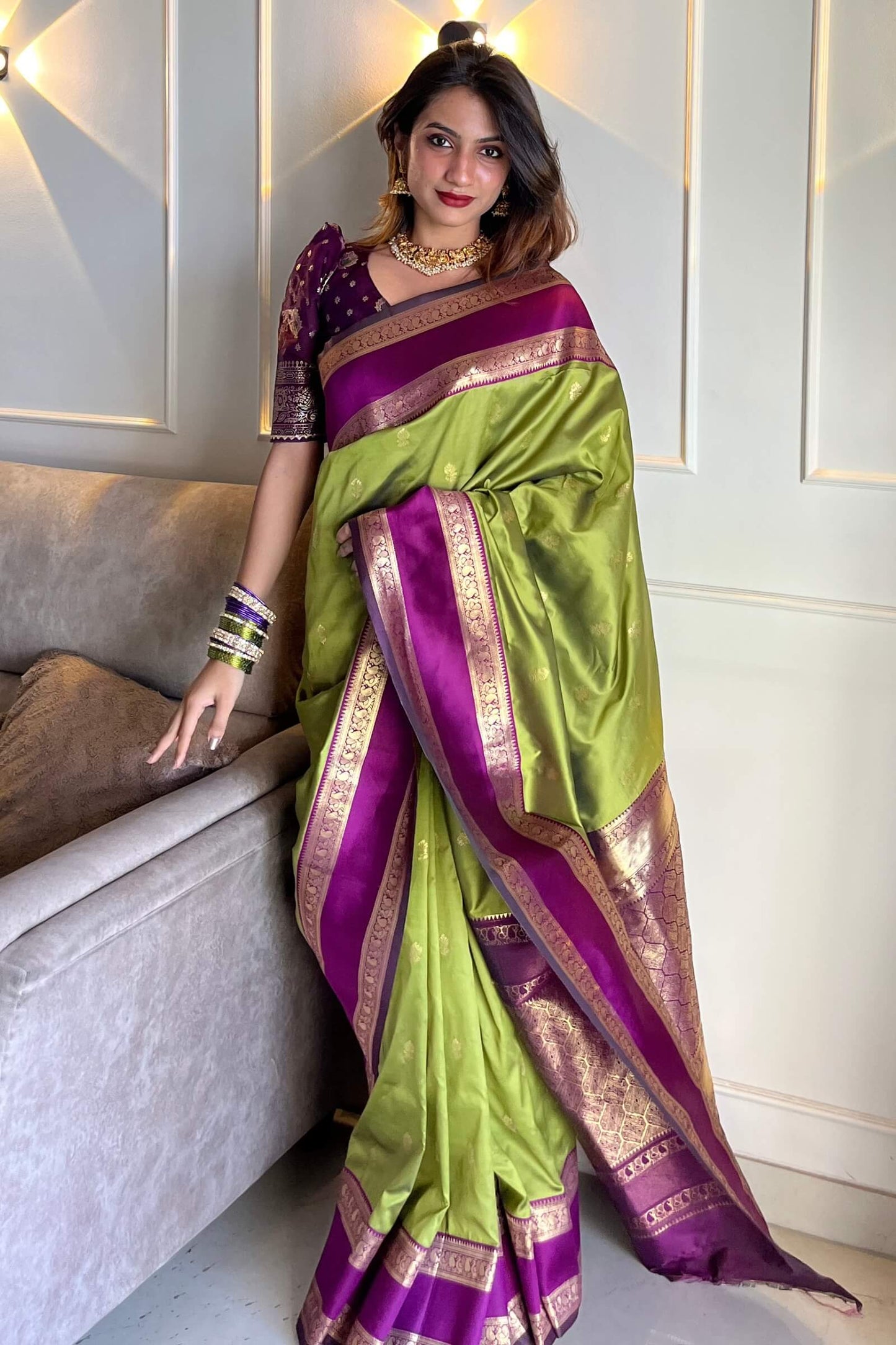 Quixotic Mehndi Soft Banarasi Kathpadar Silk Saree With Seraphic Blouse Piece