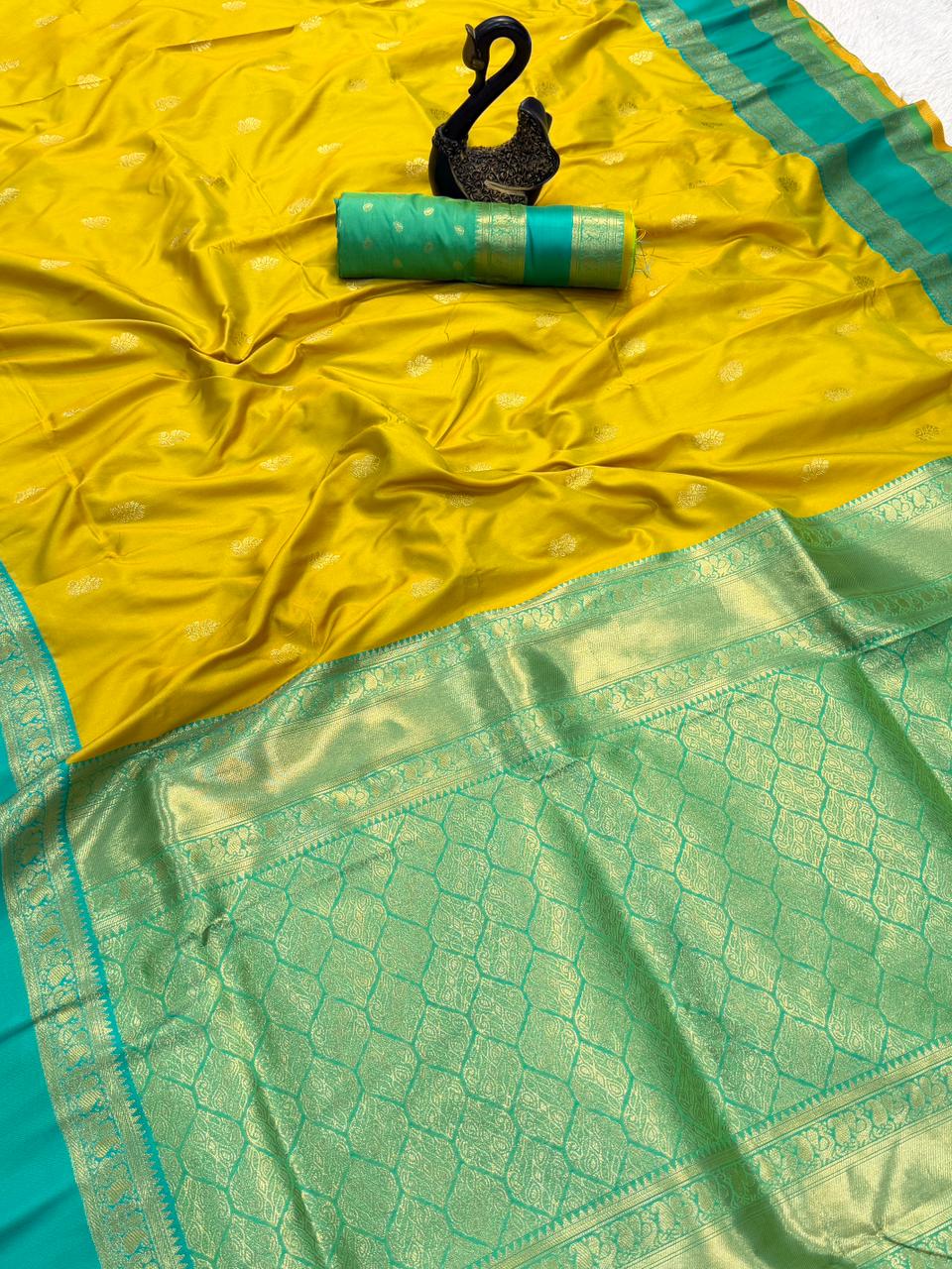 Vestigial Mustard Soft Banarasi Kathpadar Silk Saree With Jubilant Blouse Piece