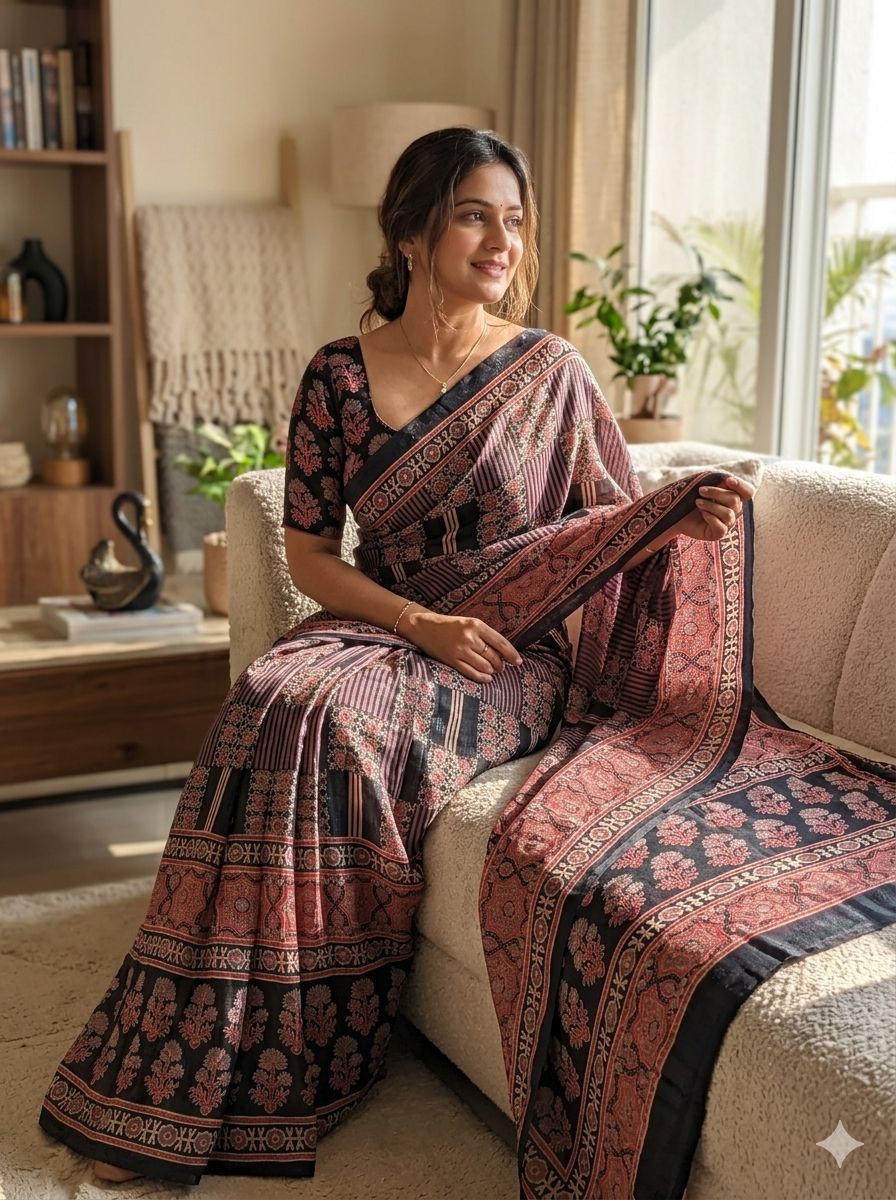 Evanescent Black Ajrakh Printed Dola Silk Saree With Woebegone Blouse Piece