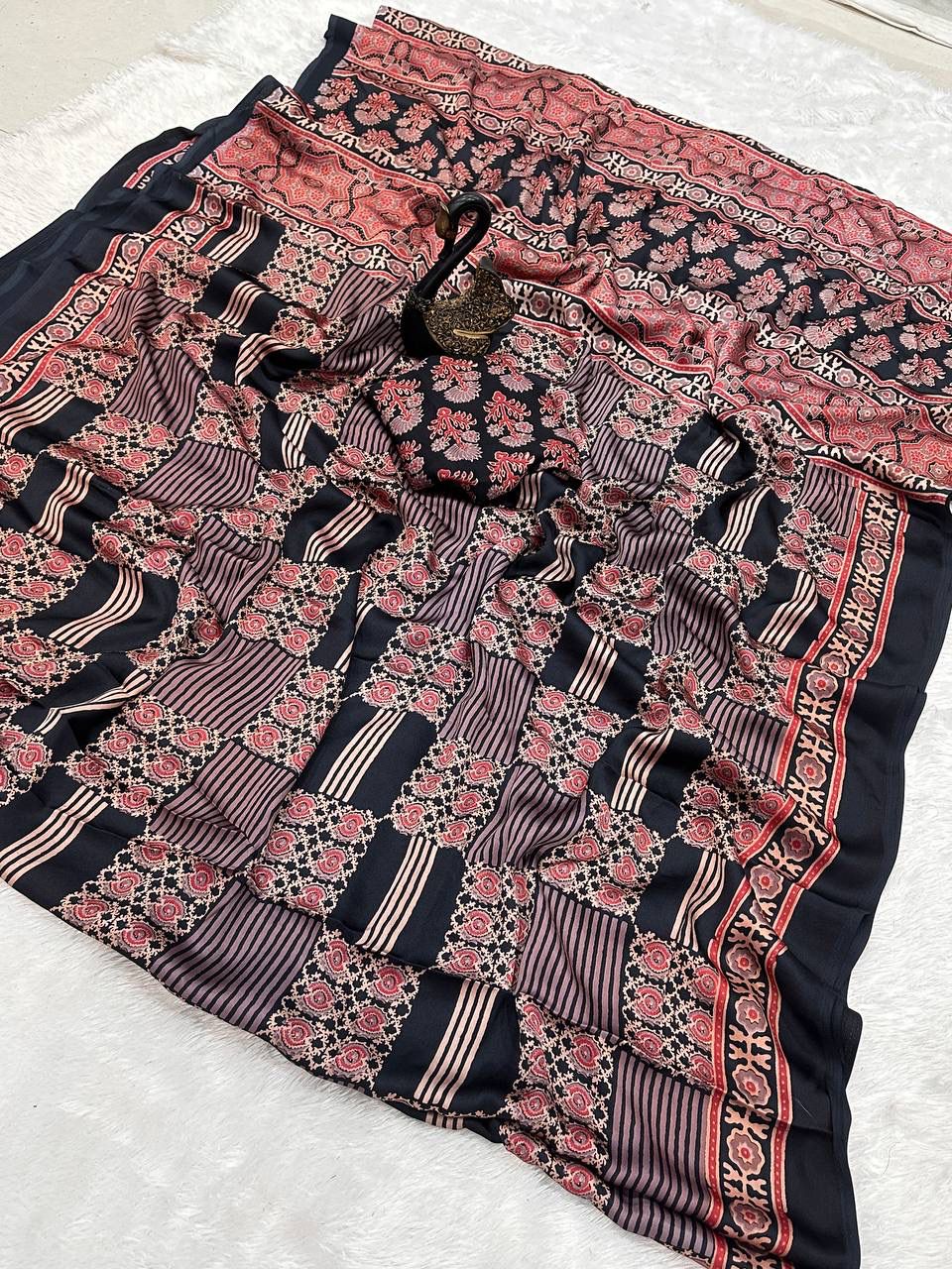 Evanescent Black Ajrakh Printed Dola Silk Saree With Woebegone Blouse Piece