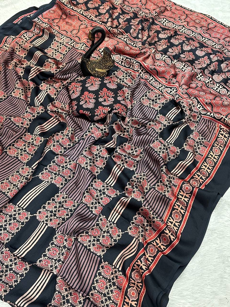 Evanescent Black Ajrakh Printed Dola Silk Saree With Woebegone Blouse Piece