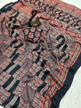 Evanescent Black Ajrakh Printed Dola Silk Saree With Woebegone Blouse Piece