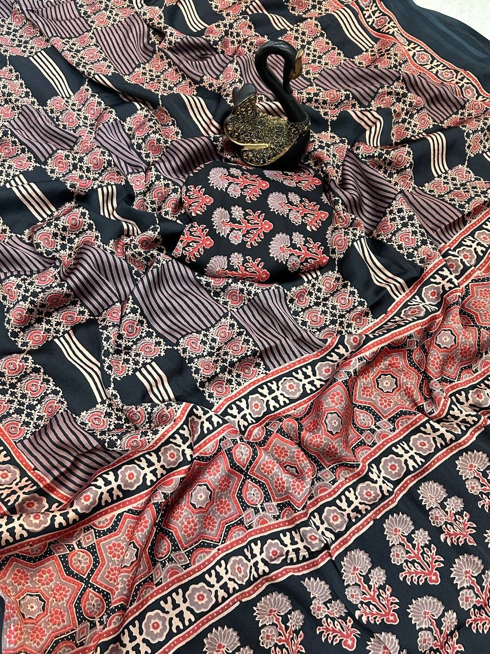 Evanescent Black Ajrakh Printed Dola Silk Saree With Woebegone Blouse Piece