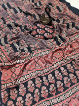 Evanescent Black Ajrakh Printed Dola Silk Saree With Woebegone Blouse Piece