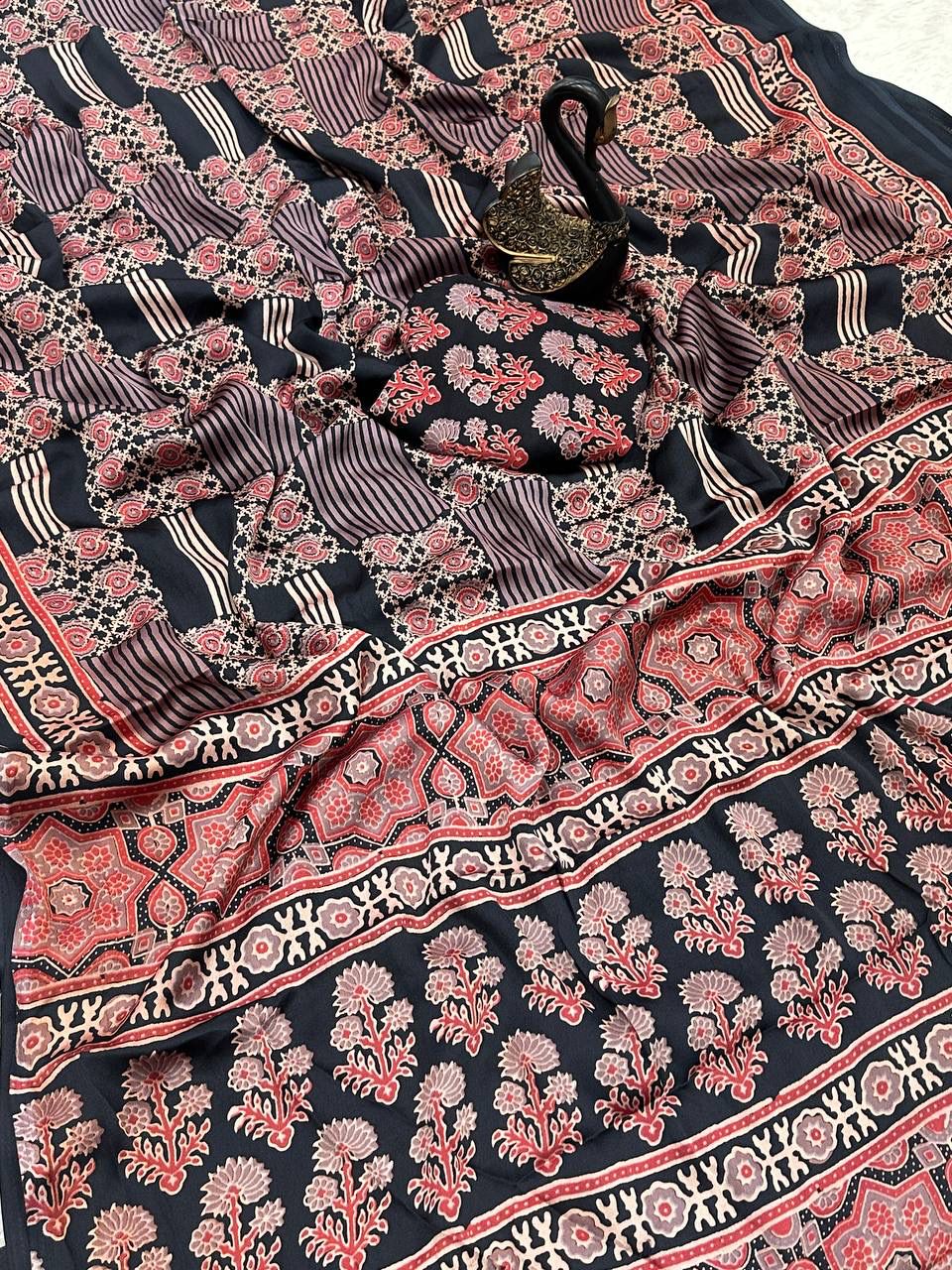 Evanescent Black Ajrakh Printed Dola Silk Saree With Woebegone Blouse Piece