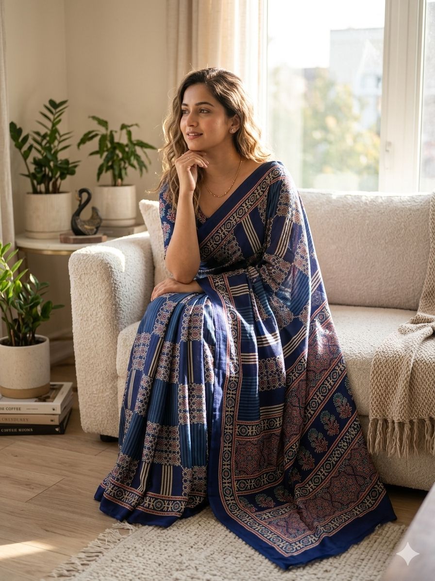 Appealing Blue Ajrakh Printed Dola Silk Saree With Petrichor Blouse Piece