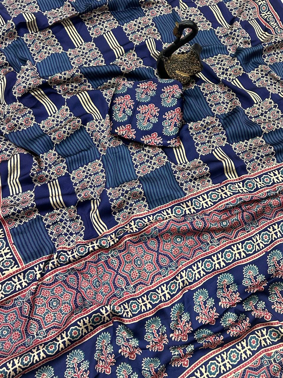 Appealing Blue Ajrakh Printed Dola Silk Saree With Petrichor Blouse Piece