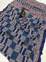 Appealing Blue Ajrakh Printed Dola Silk Saree With Petrichor Blouse Piece