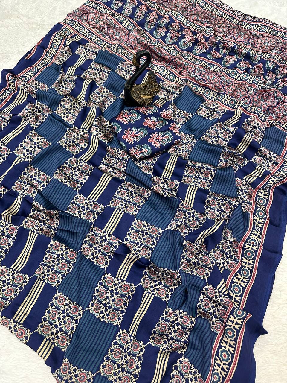 Appealing Blue Ajrakh Printed Dola Silk Saree With Petrichor Blouse Piece