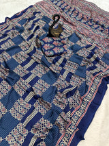 Appealing Blue Ajrakh Printed Dola Silk Saree With Petrichor Blouse Piece