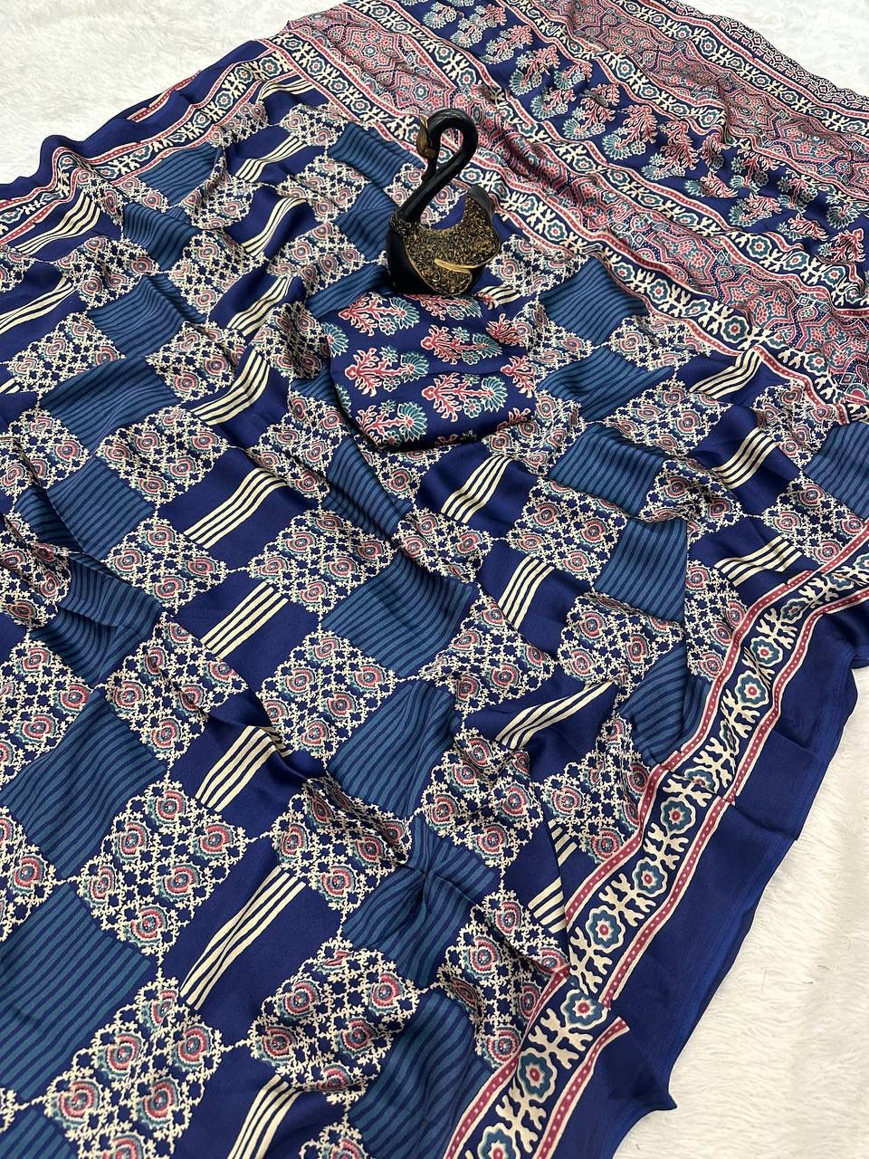 Appealing Blue Ajrakh Printed Dola Silk Saree With Petrichor Blouse Piece