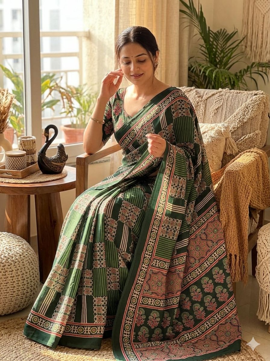 Adorning Green Ajrakh Printed Dola Silk Saree With Gratifying Blouse Piece