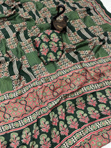 Adorning Green Ajrakh Printed Dola Silk Saree With Gratifying Blouse Piece