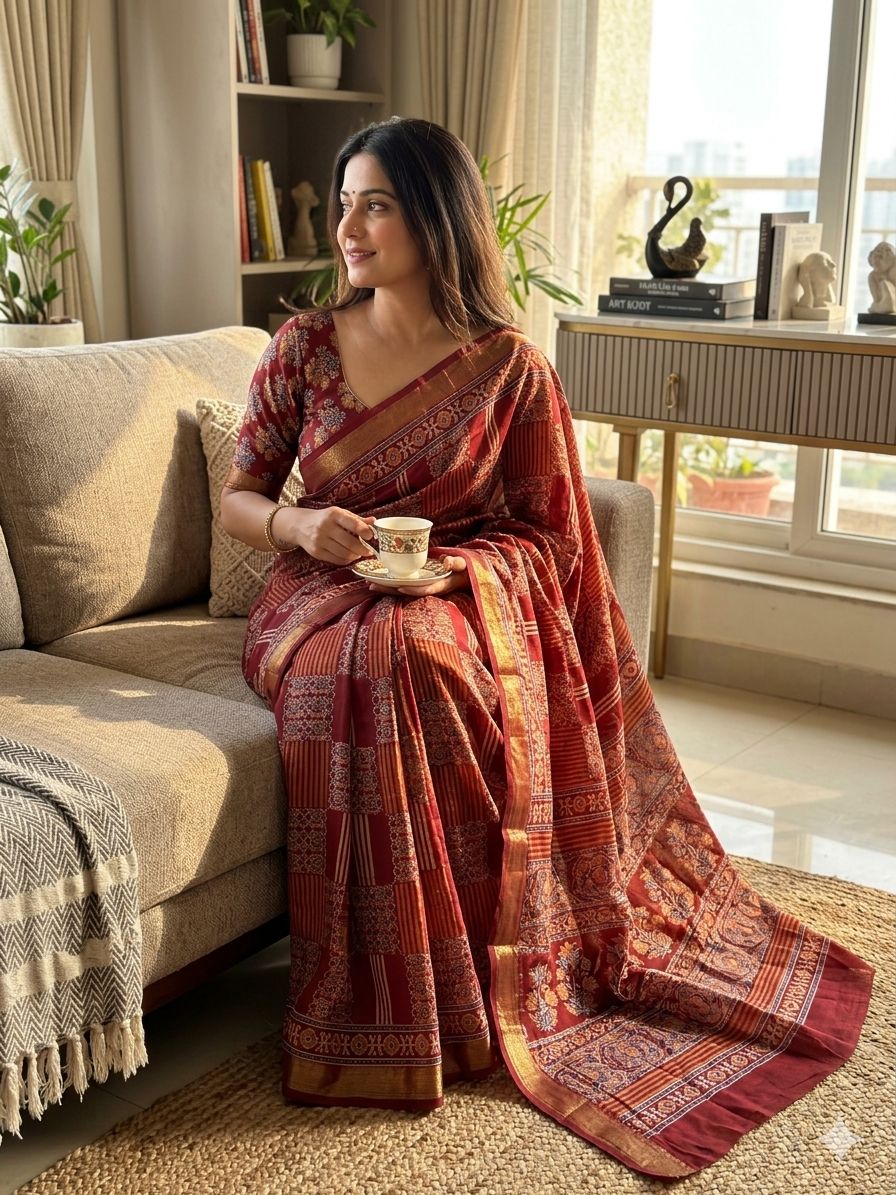 Desiring Maroon Ajrakh Printed Dola Silk Saree With Classic Blouse Piece