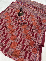Desiring Maroon Ajrakh Printed Dola Silk Saree With Classic Blouse Piece