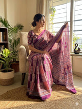 Designer Purple Ajrakh Printed Dola Silk Saree With Staggering Blouse Piece