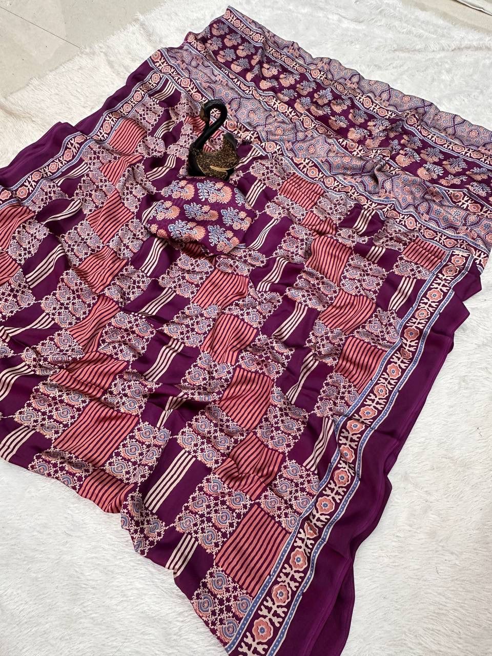 Designer Purple Ajrakh Printed Dola Silk Saree With Staggering Blouse Piece