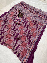 Designer Purple Ajrakh Printed Dola Silk Saree With Staggering Blouse Piece