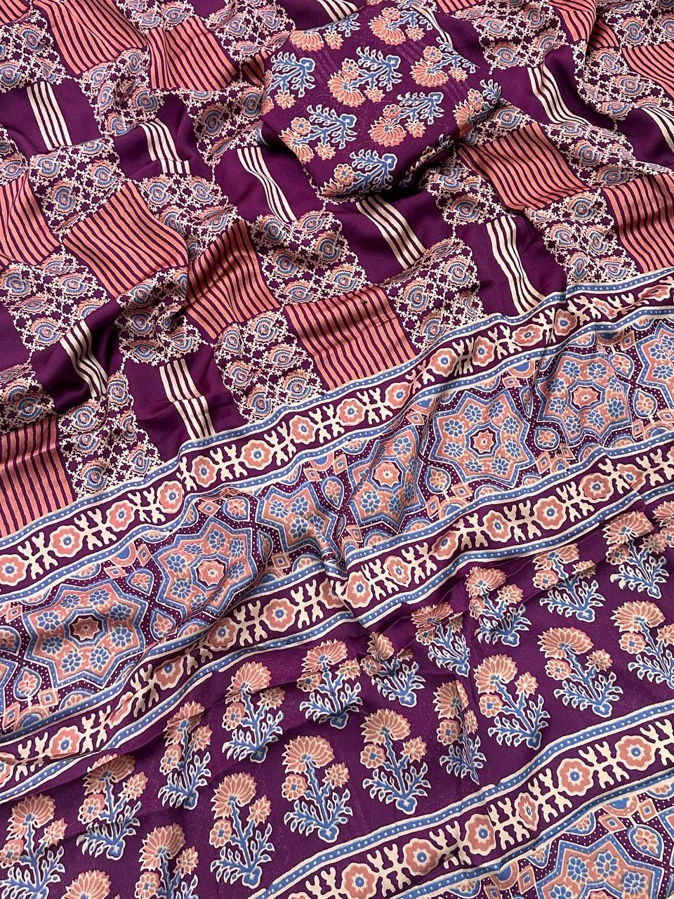 Designer Purple Ajrakh Printed Dola Silk Saree With Staggering Blouse Piece