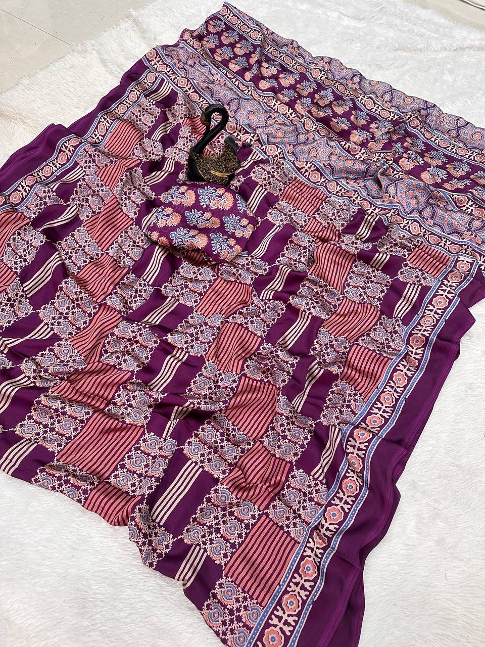 Designer Purple Ajrakh Printed Dola Silk Saree With Staggering Blouse Piece