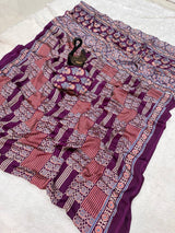 Designer Purple Ajrakh Printed Dola Silk Saree With Staggering Blouse Piece