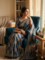 Surreptitious Rama Ajrakh Printed Dola Silk Saree With Desultory Blouse Piece