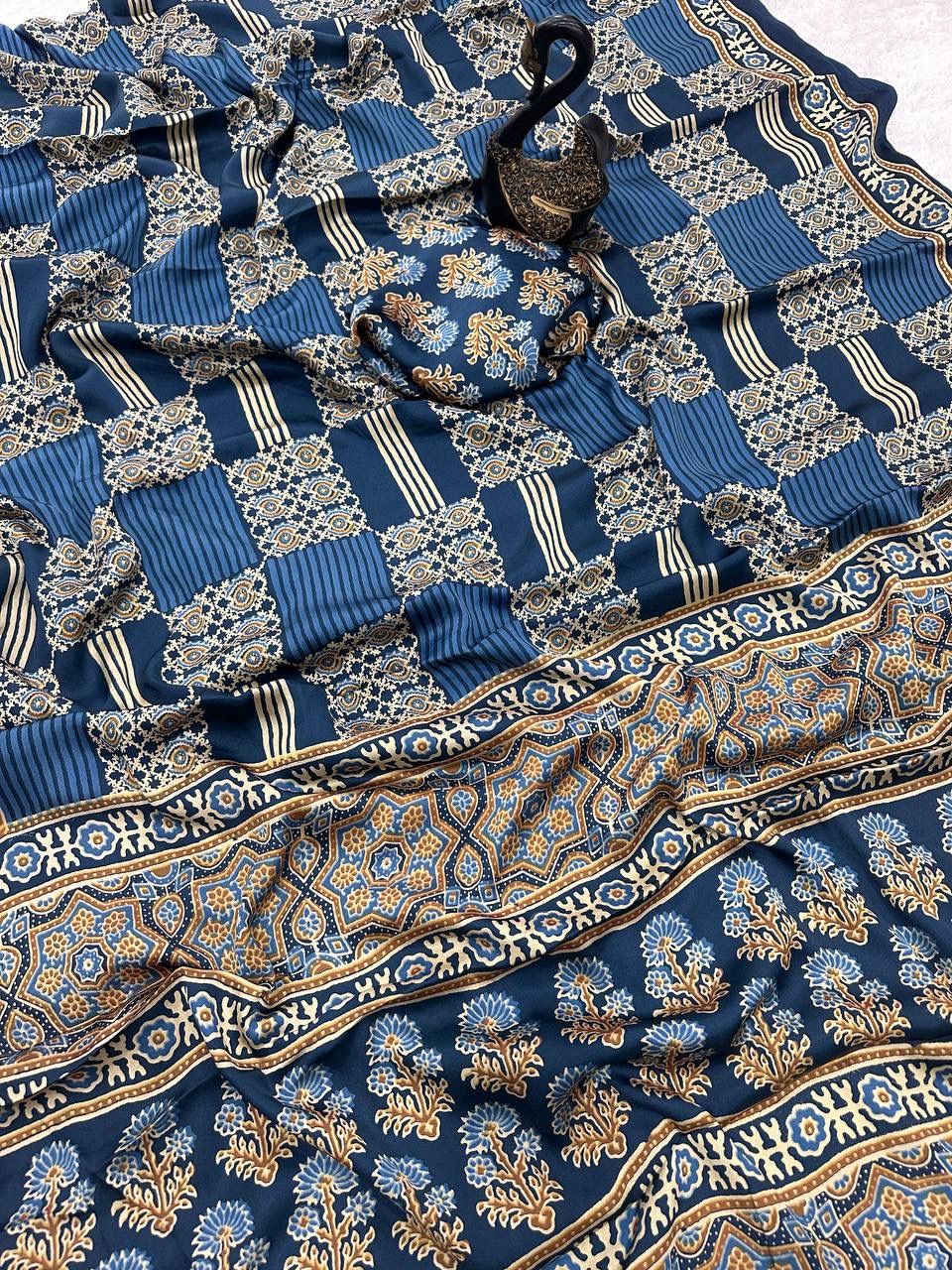 Surreptitious Rama Ajrakh Printed Dola Silk Saree With Desultory Blouse Piece