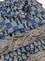 Surreptitious Rama Ajrakh Printed Dola Silk Saree With Desultory Blouse Piece