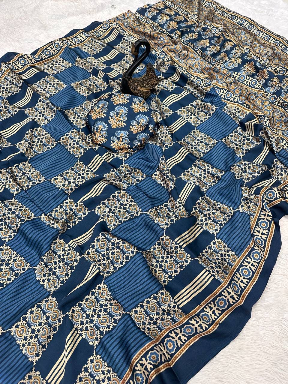 Surreptitious Rama Ajrakh Printed Dola Silk Saree With Desultory Blouse Piece