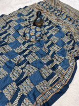 Surreptitious Rama Ajrakh Printed Dola Silk Saree With Desultory Blouse Piece
