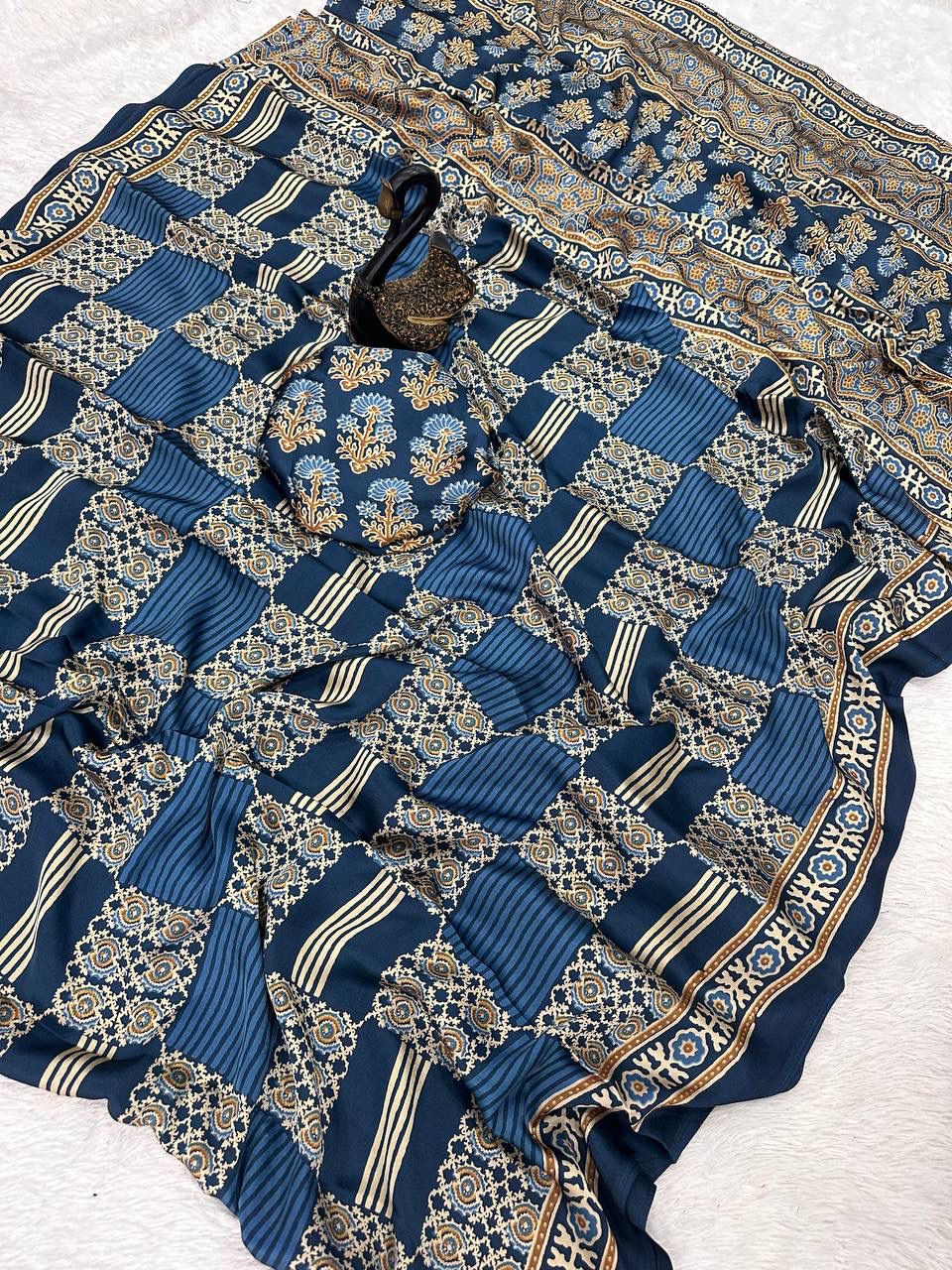 Surreptitious Rama Ajrakh Printed Dola Silk Saree With Desultory Blouse Piece