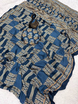 Surreptitious Rama Ajrakh Printed Dola Silk Saree With Desultory Blouse Piece