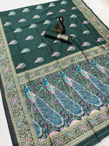 Embellished Dark Green Soft Banarasi Silk Saree With Designer Blouse Piece